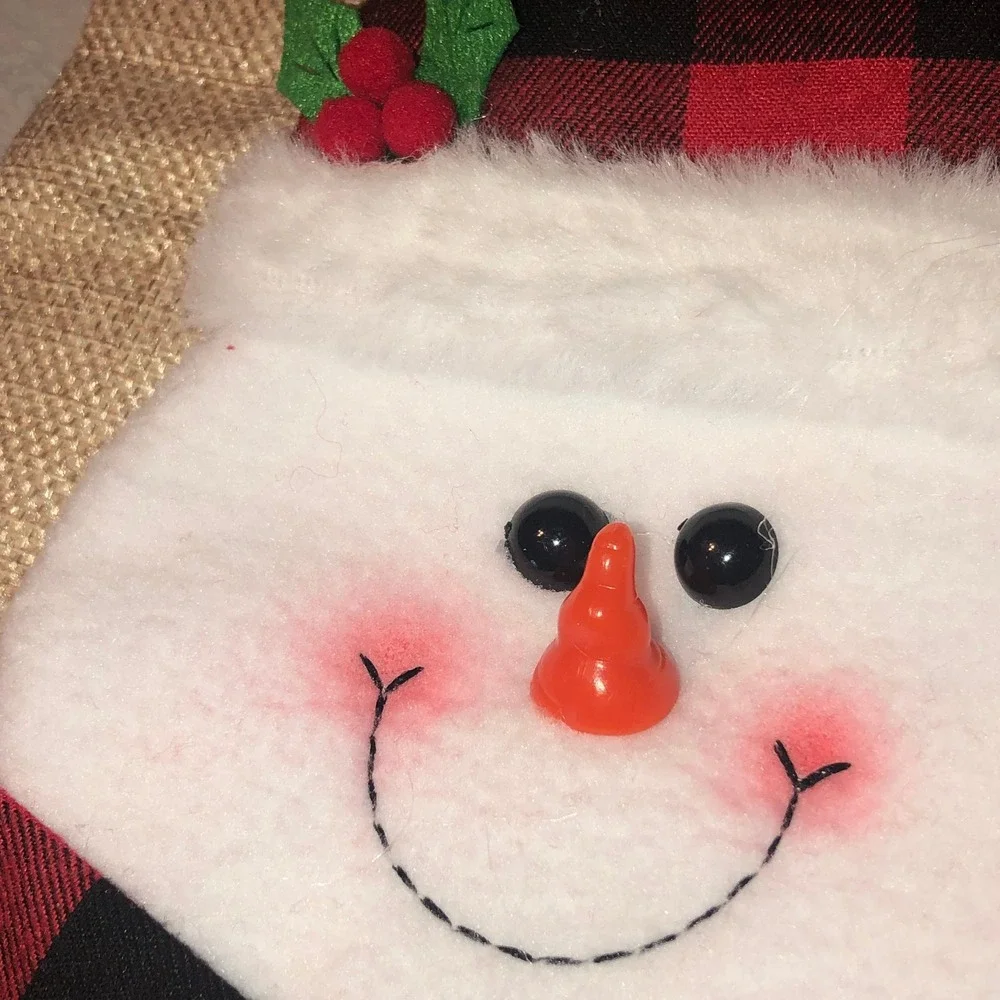 Snowman Christmas Stocking Buffalo Plaid Burlap Red Black Holiday Decor 18